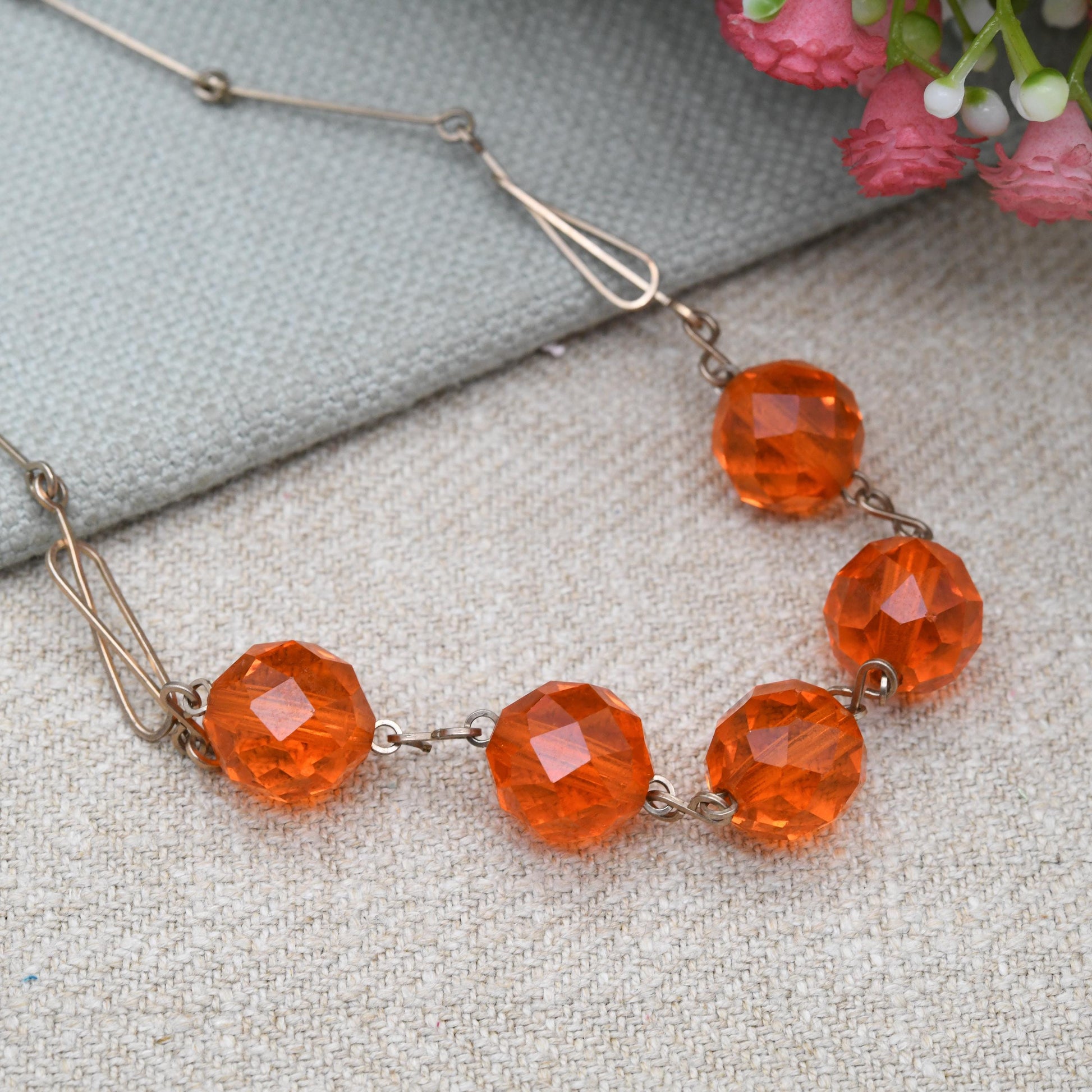 Vintage Rolled Gold Necklace with Faceted Orange Glass Stones c. 1930s