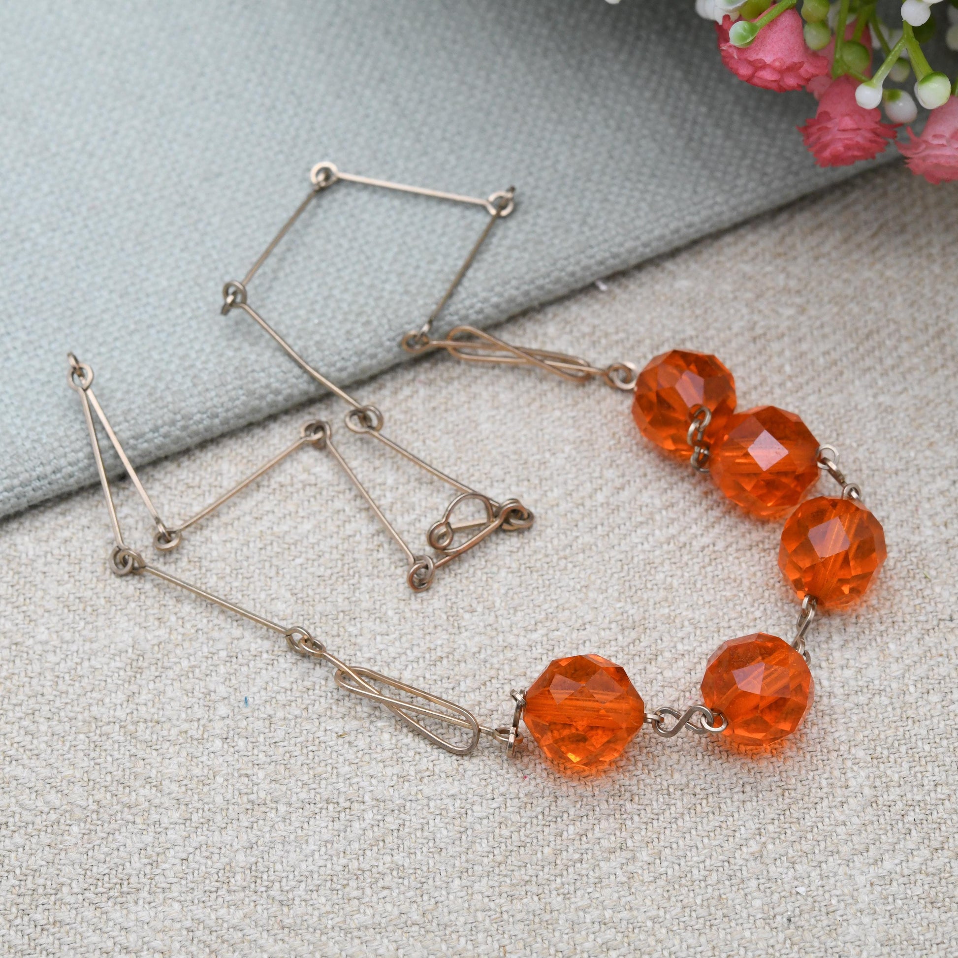 Vintage Rolled Gold Necklace with Faceted Orange Glass Stones c. 1930s