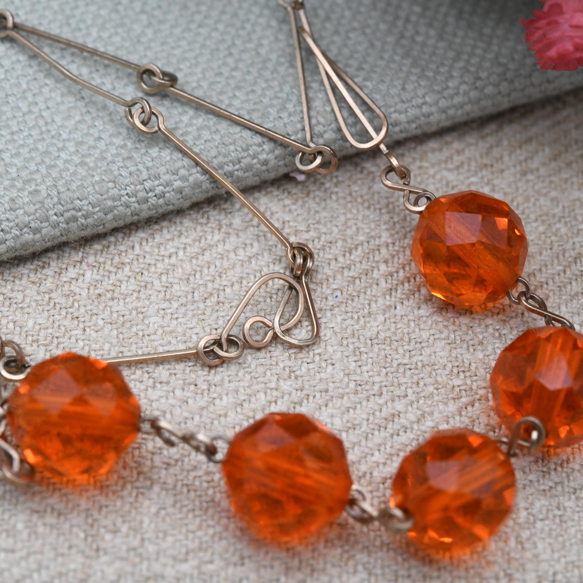 Vintage Rolled Gold Necklace with Faceted Orange Glass Stones c. 1930s