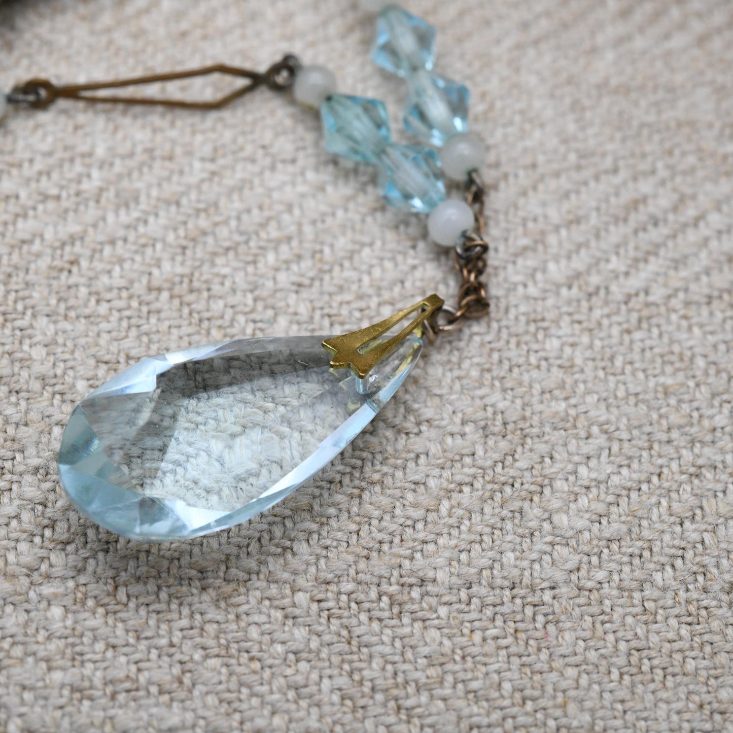 Antique Art Deco Blue Glass Drop Pendant Necklace c. 1920s