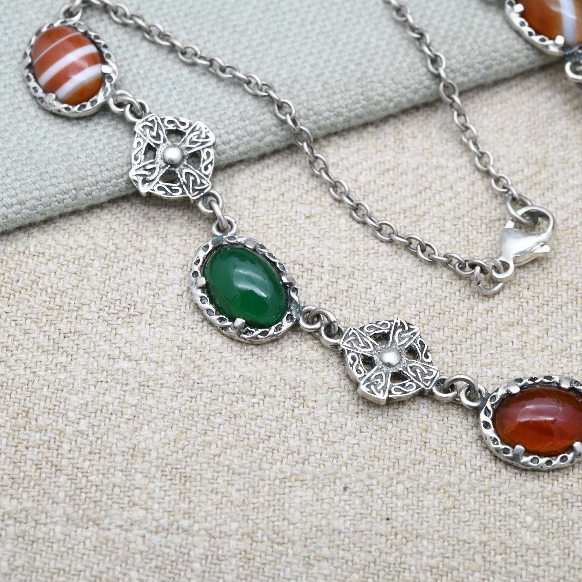 Vintage Sterling Silver Scottish Gemstone Necklace with Cabochon Stones and Celtic Shields - Moss Agate Chrysoprase Carnelian Banded Agate