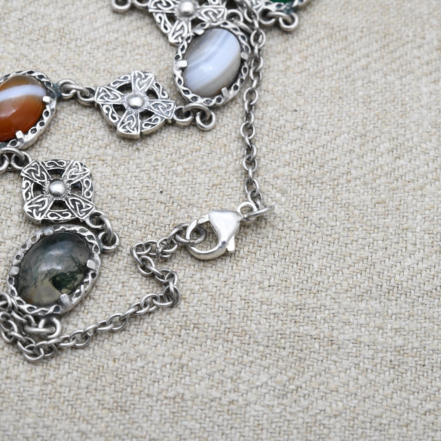 Vintage Sterling Silver Scottish Gemstone Necklace with Cabochon Stones and Celtic Shields - Moss Agate Chrysoprase Carnelian Banded Agate