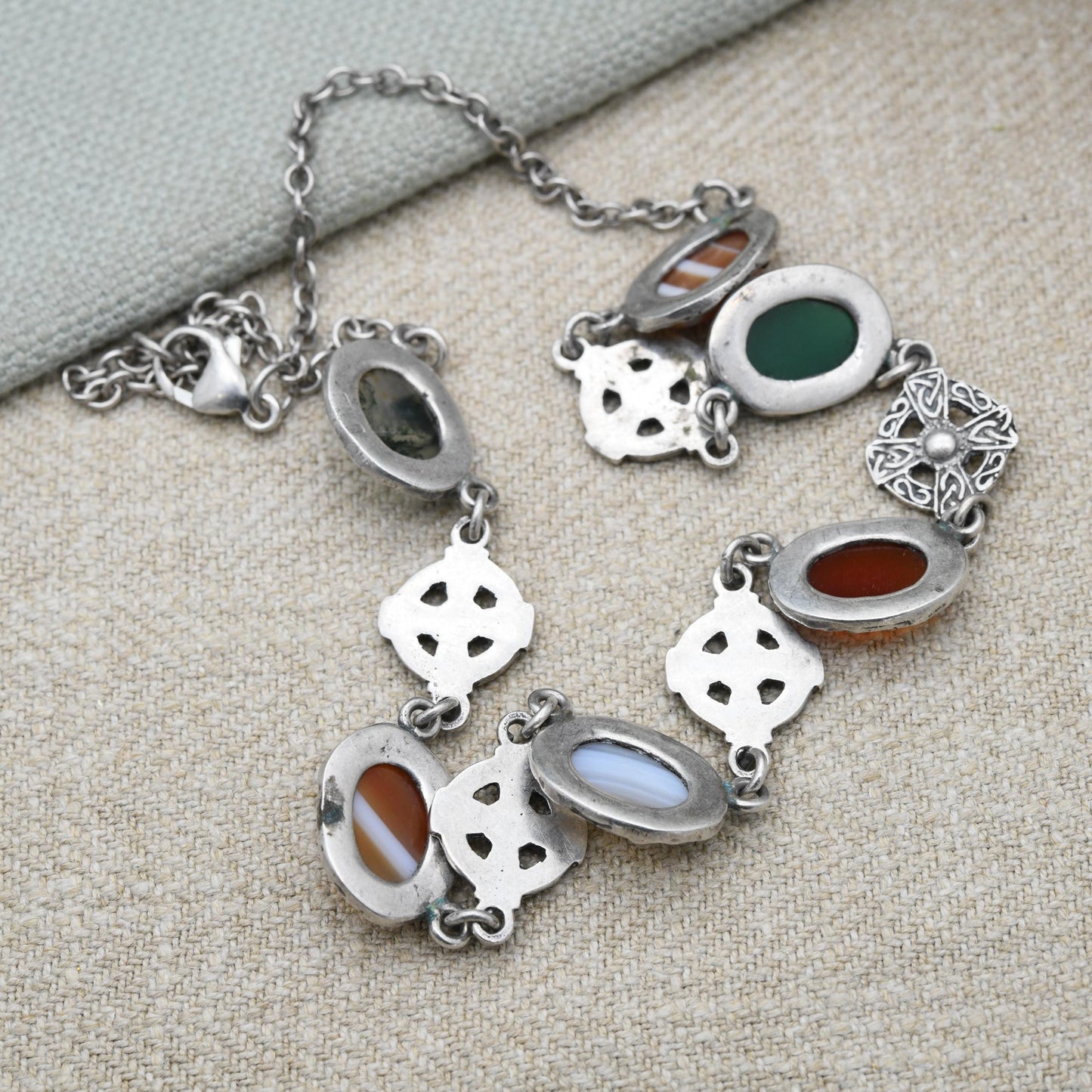 Vintage Sterling Silver Scottish Gemstone Necklace with Cabochon Stones and Celtic Shields - Moss Agate Chrysoprase Carnelian Banded Agate