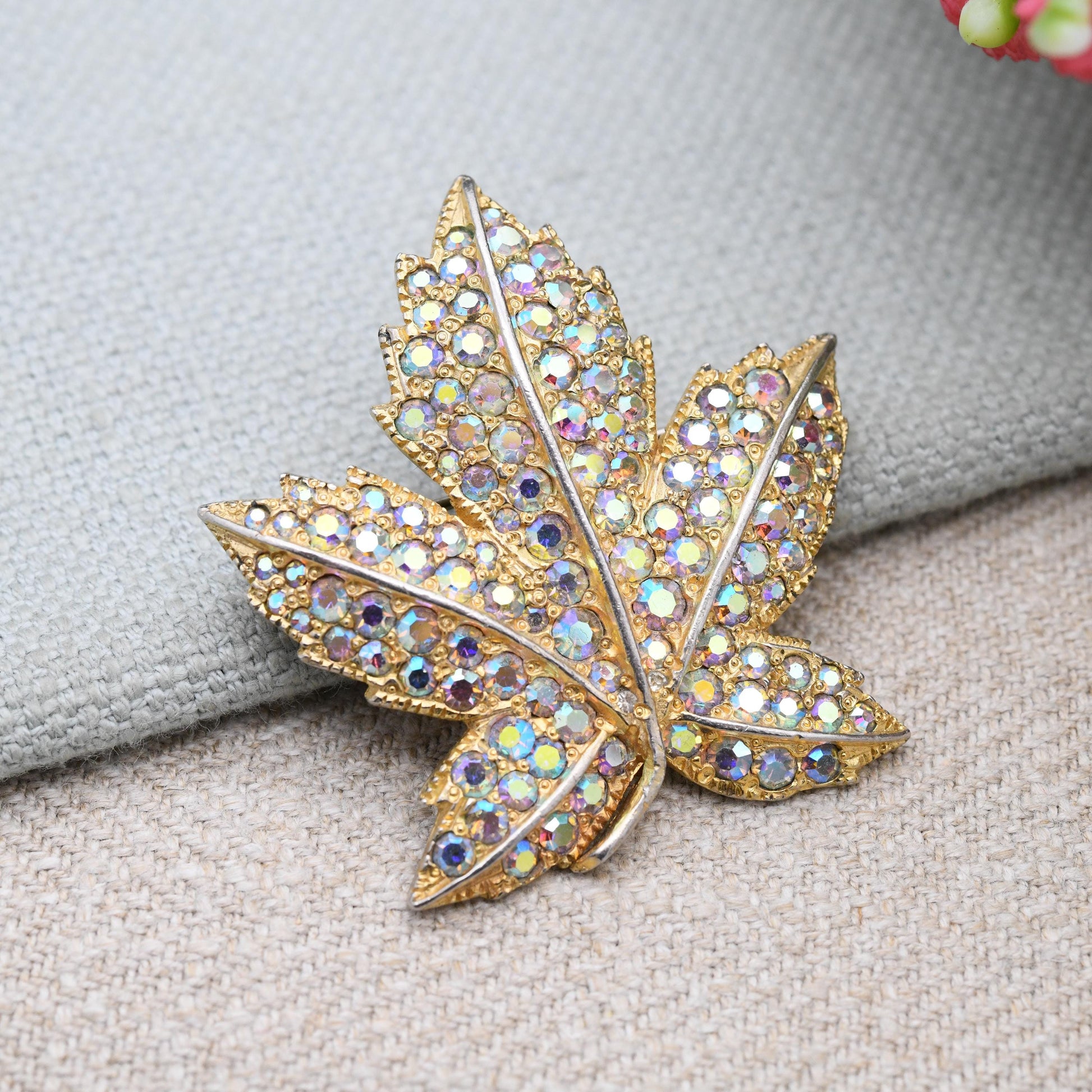 Vintage Keyes Maple Leaf Brooch with Aurora Borealis Rhinestones c. 1960s