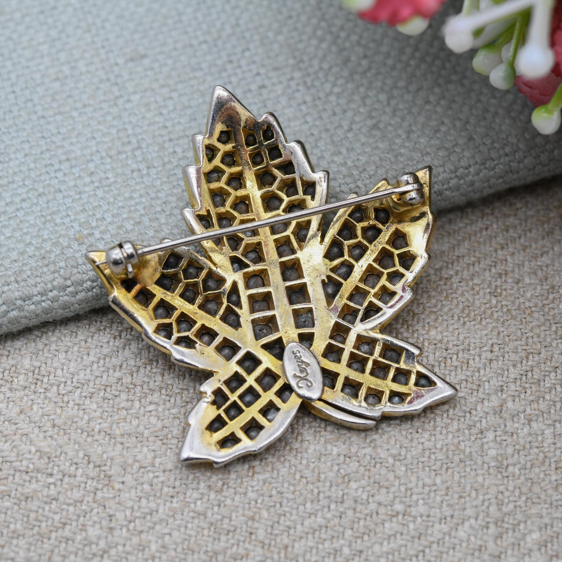 Vintage Keyes Maple Leaf Brooch with Aurora Borealis Rhinestones c. 1960s