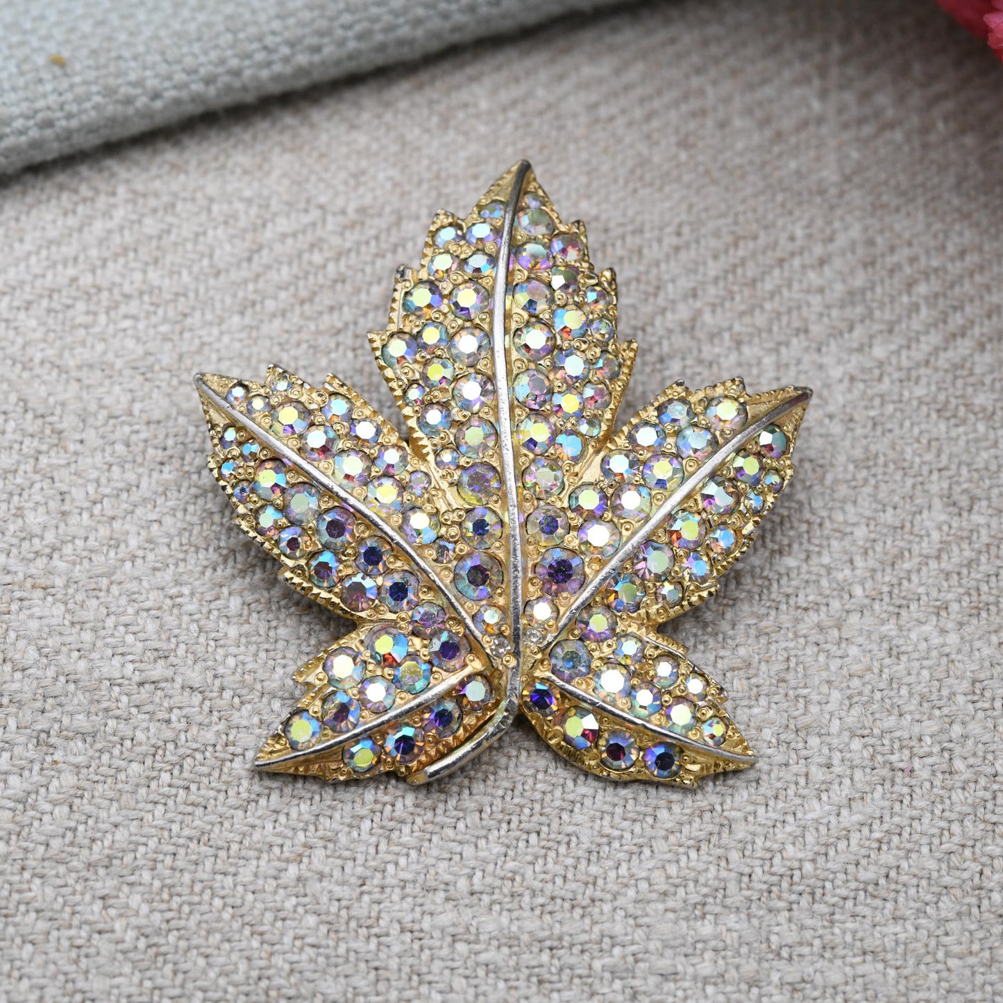 Vintage Keyes Maple Leaf Brooch with Aurora Borealis Rhinestones c. 1960s