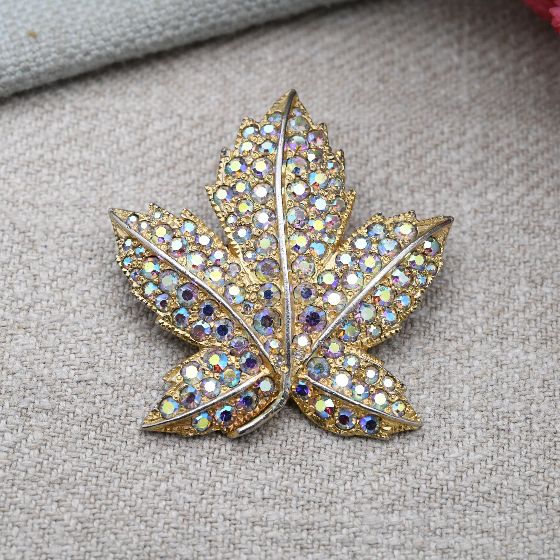 Vintage Keyes Maple Leaf Brooch with Aurora Borealis Rhinestones c. 1960s