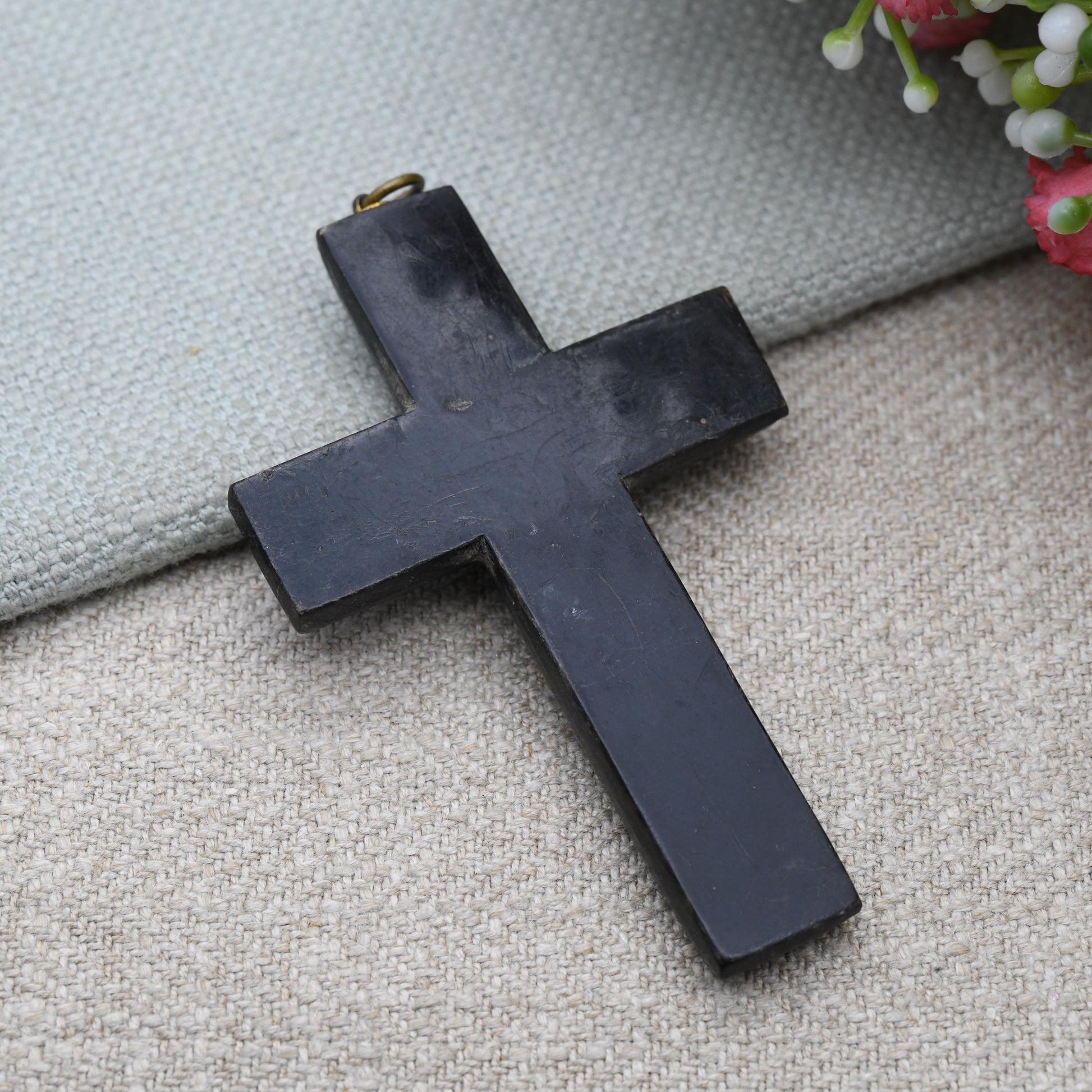 Antique Victorian Pressed Horn Cross Pendant - Large Sized Unisex Black Cross Jewellery Collectable