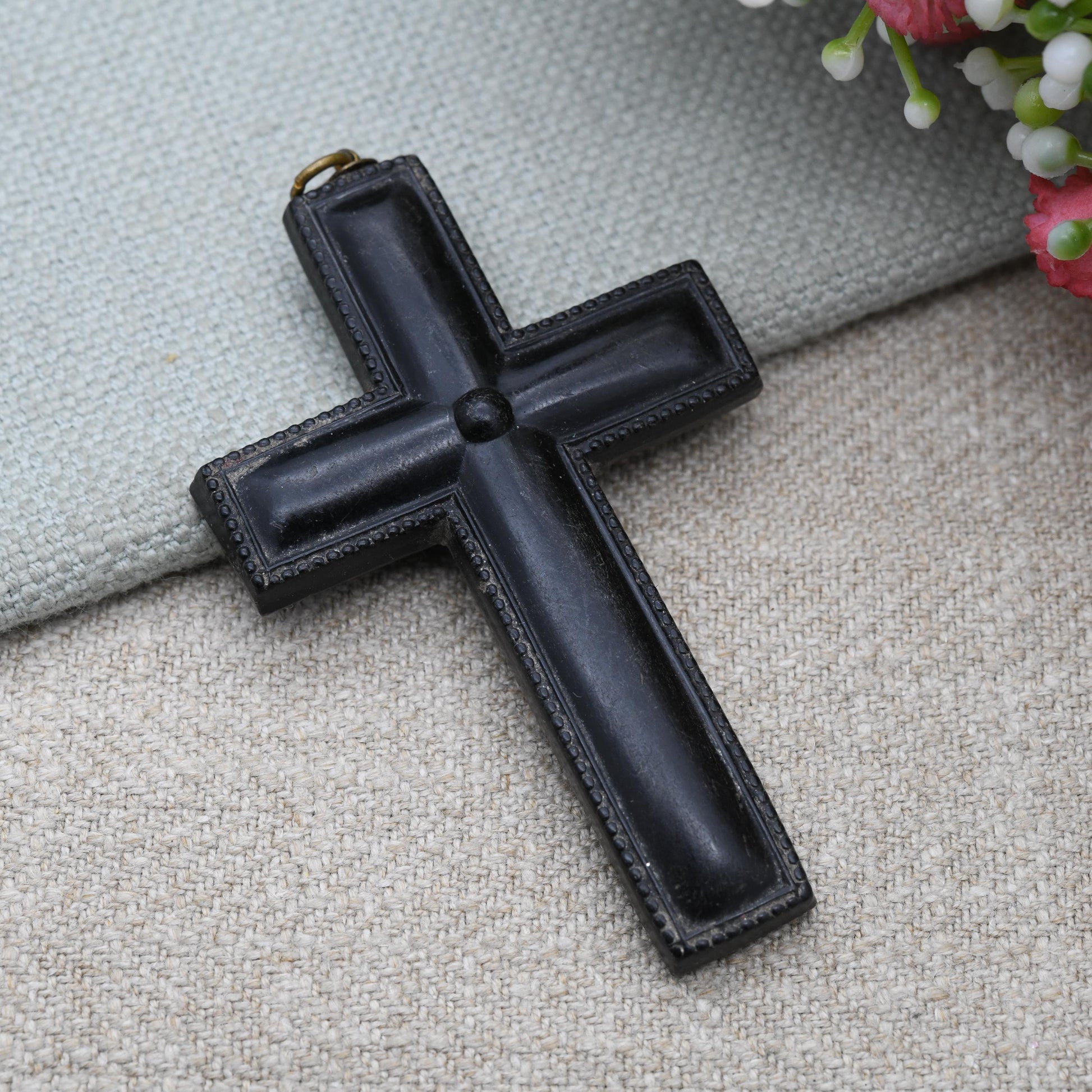 Antique Victorian Pressed Horn Cross Pendant - Large Sized Unisex Black Cross Jewellery Collectable