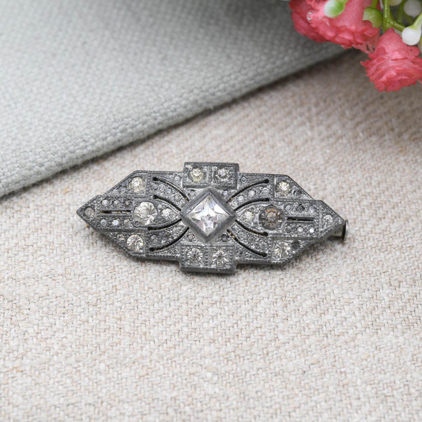 Vintage Art Deco Paste Brooch with Milgrain Detail c. 1930s - Signed GJC