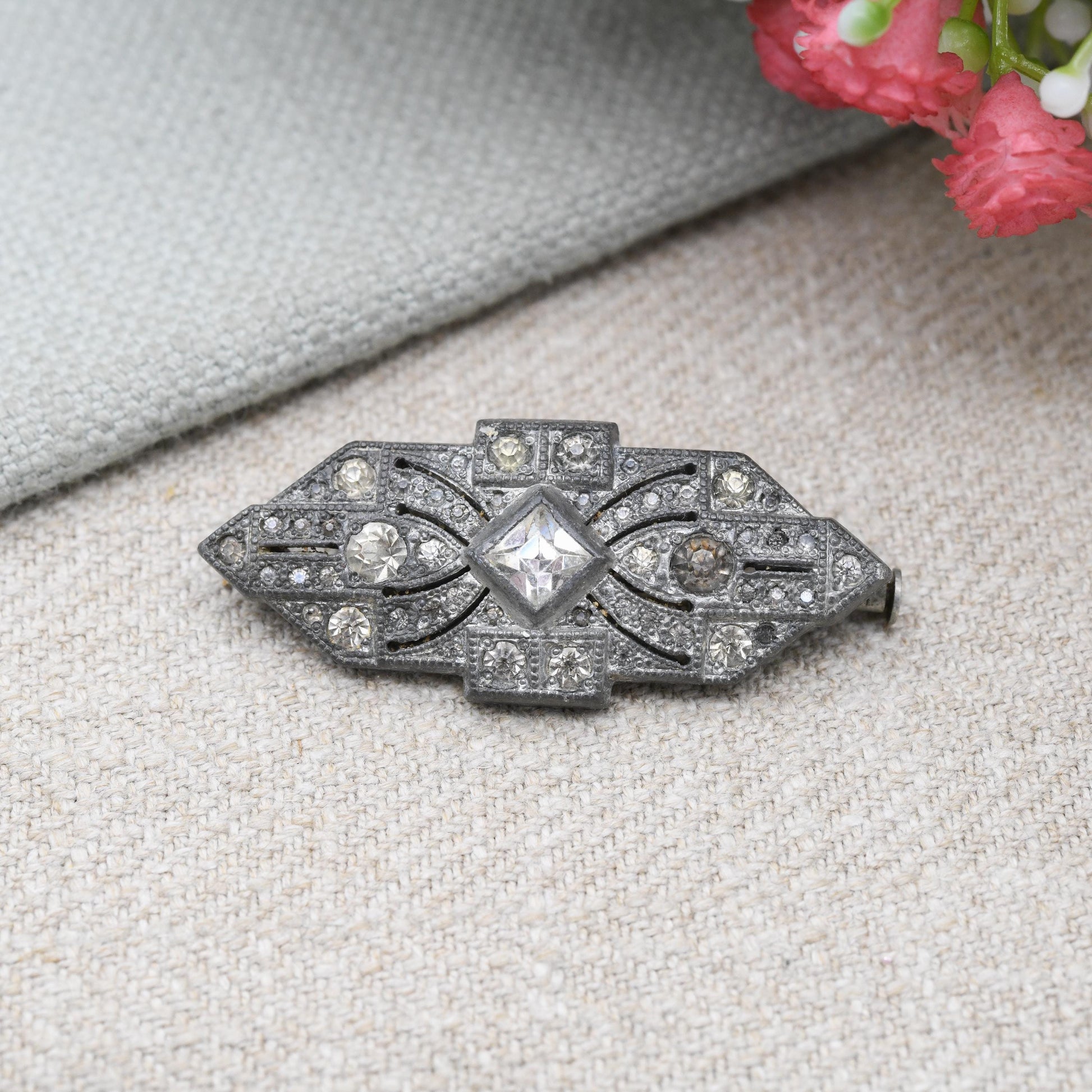 Vintage Art Deco Paste Brooch with Milgrain Detail c. 1930s - Signed GJC