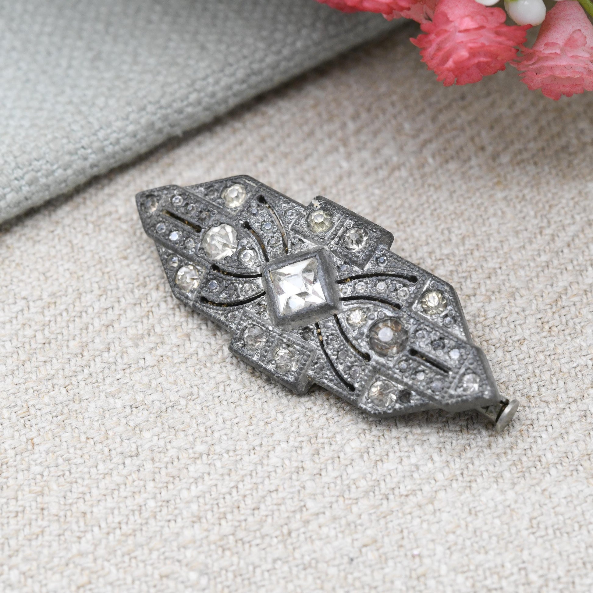 Vintage Art Deco Paste Brooch with Milgrain Detail c. 1930s - Signed GJC