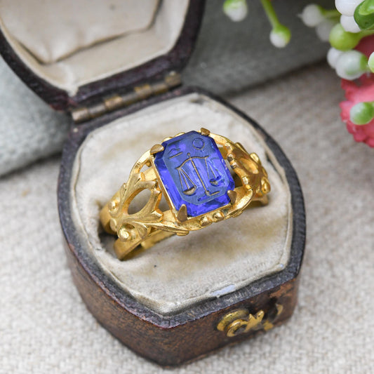 Vintage Libra Scales Intaglio Ring Zodiac Symbol - Deep Blue Paste Stone | September October Birthday Star Sign | UK Size - N | US Size - 7
