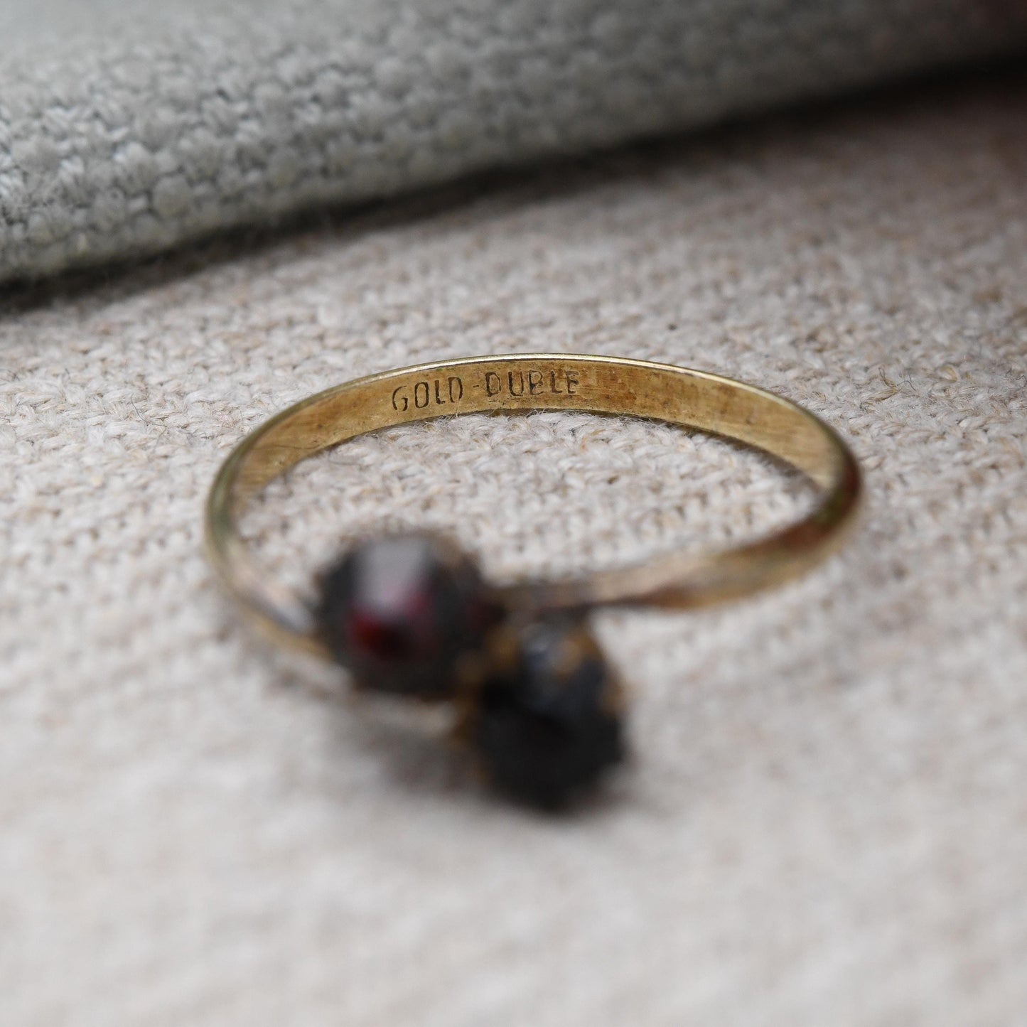 Vintage Rolled Gold Toi et Moi Ring with Red Paste Stones - True Vintage Gift c. 1950s | UK Size - L 1/2 | US Size - 6 1/4