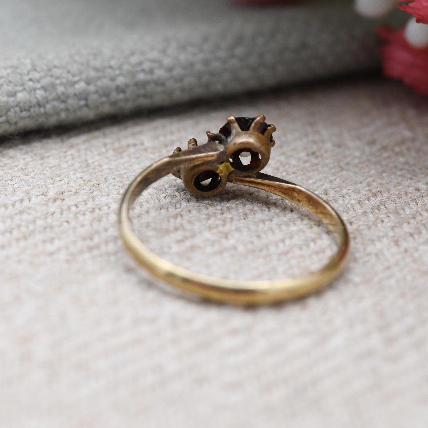 Vintage Rolled Gold Toi et Moi Ring with Red Paste Stones - True Vintage Gift c. 1950s | UK Size - L 1/2 | US Size - 6 1/4