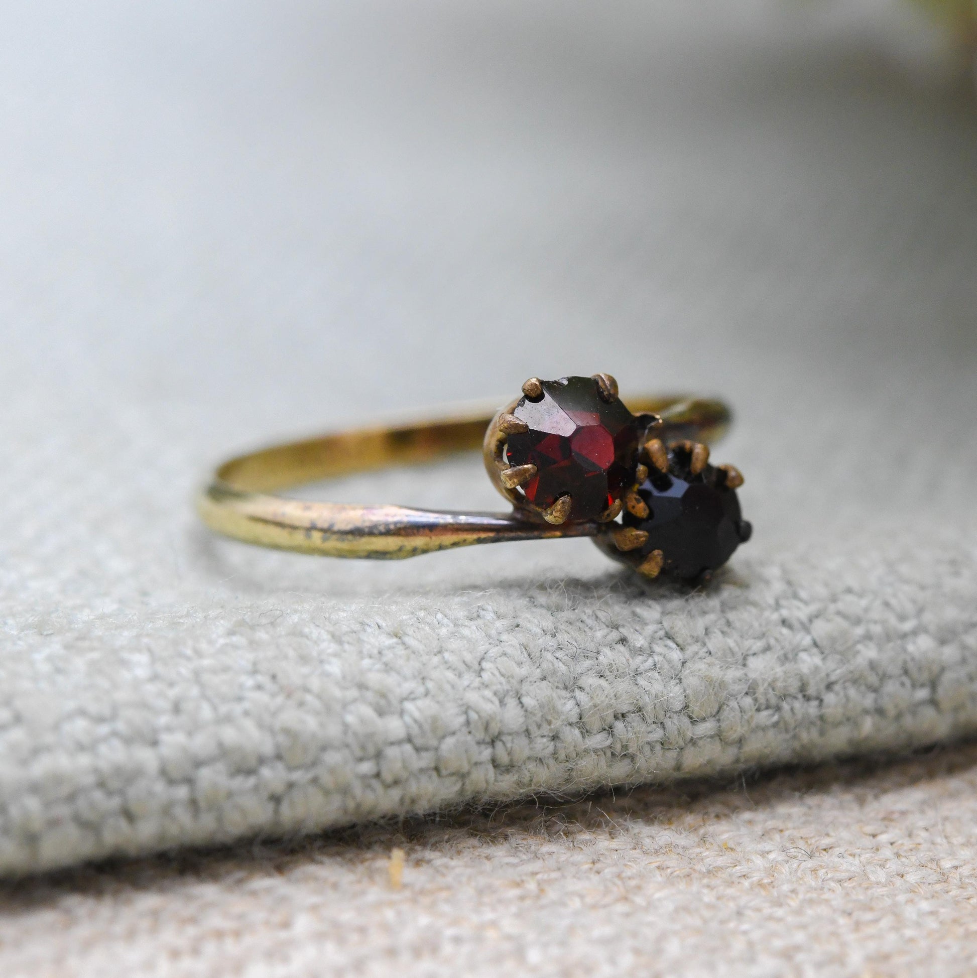 Vintage Rolled Gold Toi et Moi Ring with Red Paste Stones - True Vintage Gift c. 1950s | UK Size - L 1/2 | US Size - 6 1/4