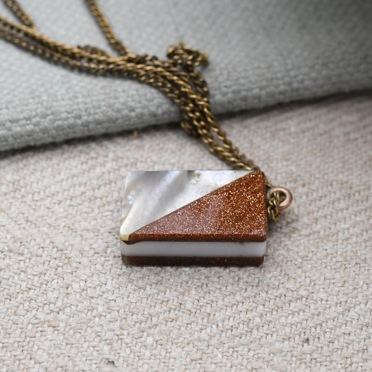 Antique Gemstone Book Pendant Necklace with Mother of Pearl Onyx Goldstone