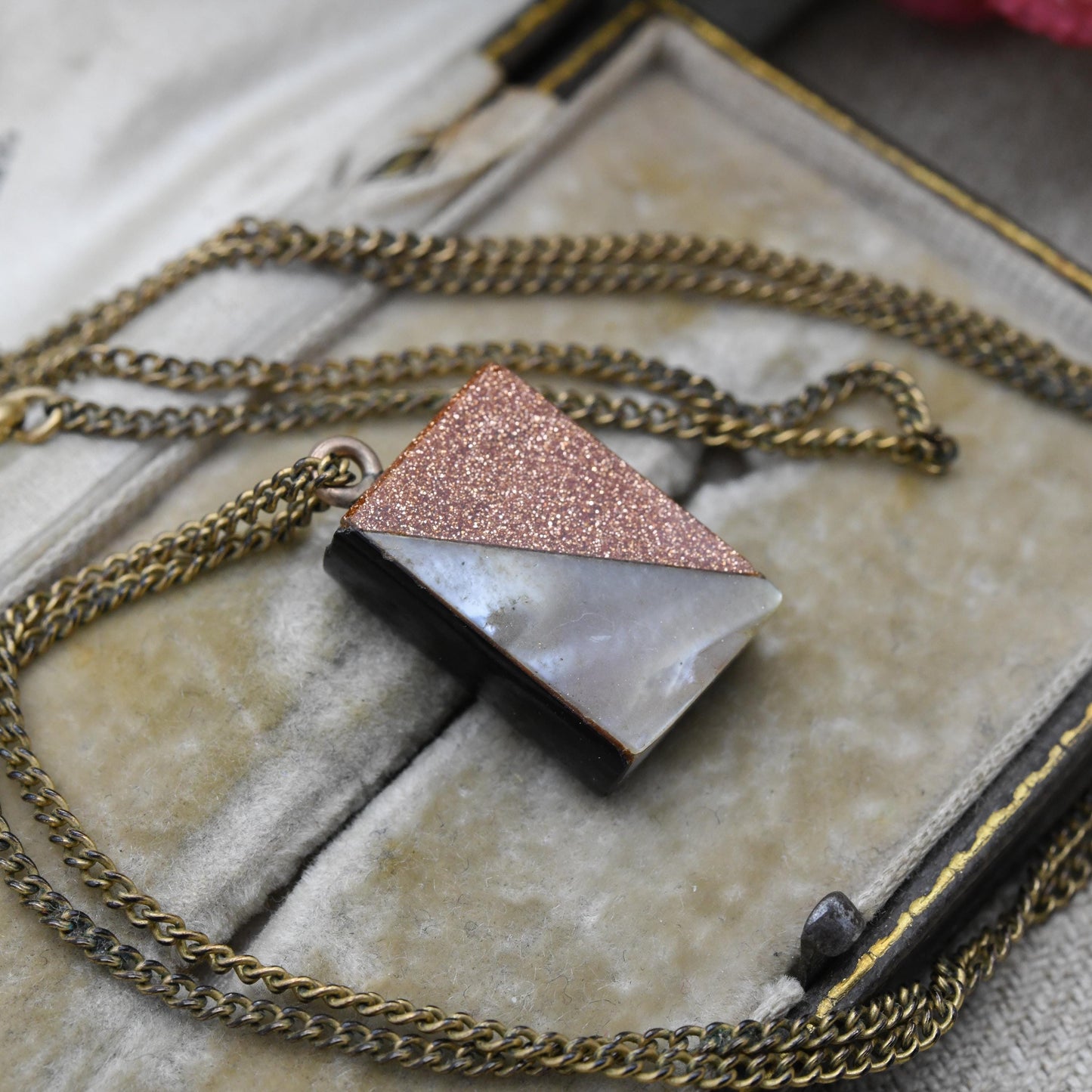 Antique Gemstone Book Pendant Necklace with Mother of Pearl Onyx Goldstone