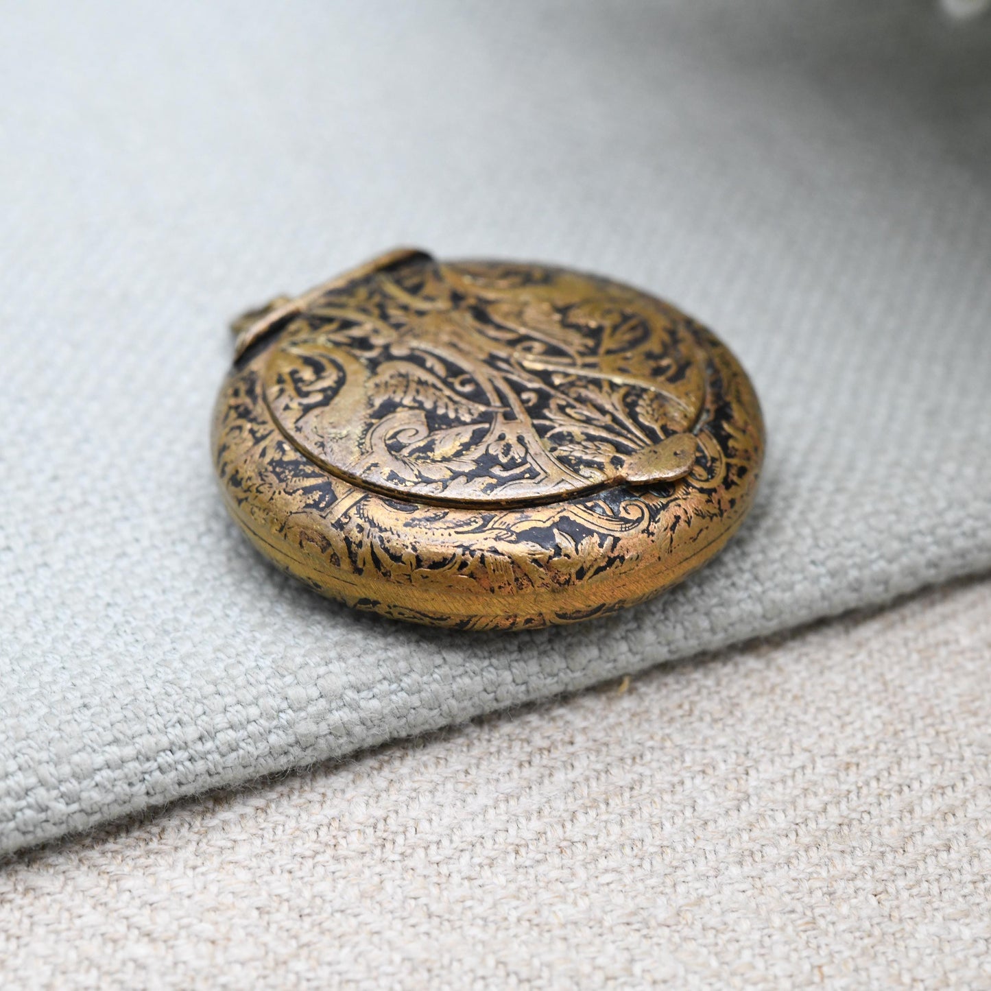 Antique Compact Locket Pendant Fob with Mirror Inside - Opening Powder Box Keepsake Necklace | Chinoiserie Dragon Design