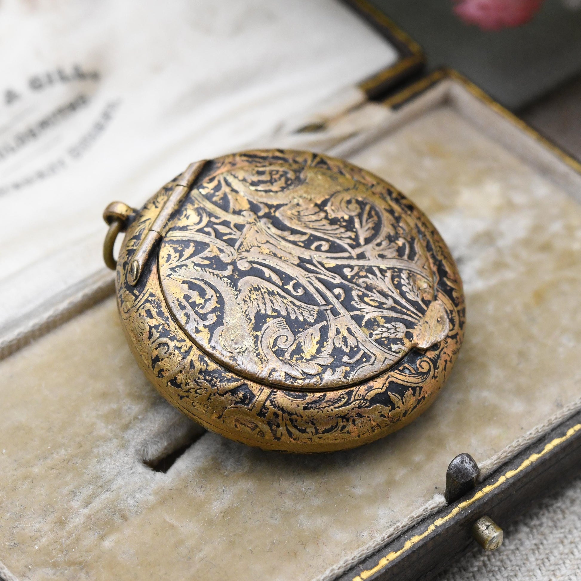 Antique Compact Locket Pendant Fob with Mirror Inside - Opening Powder Box Keepsake Necklace | Chinoiserie Dragon Design