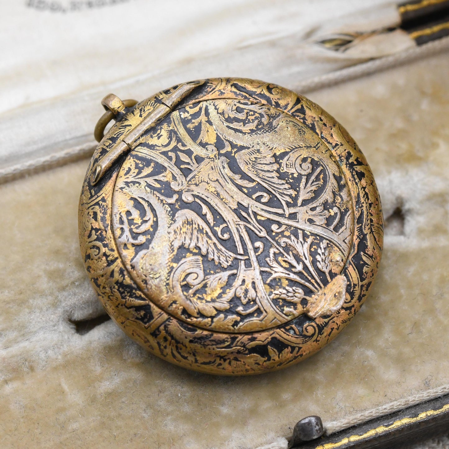 Antique Compact Locket Pendant Fob with Mirror Inside - Opening Powder Box Keepsake Necklace | Chinoiserie Dragon Design