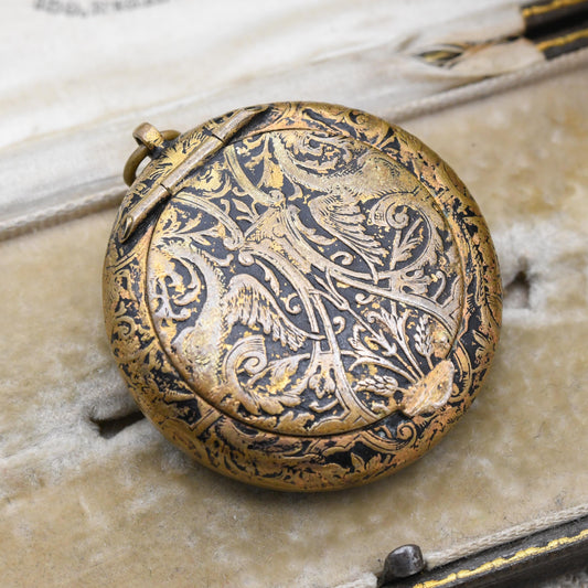 Antique Compact Locket Pendant Fob with Mirror Inside - Opening Powder Box Keepsake Necklace | Chinoiserie Dragon Design