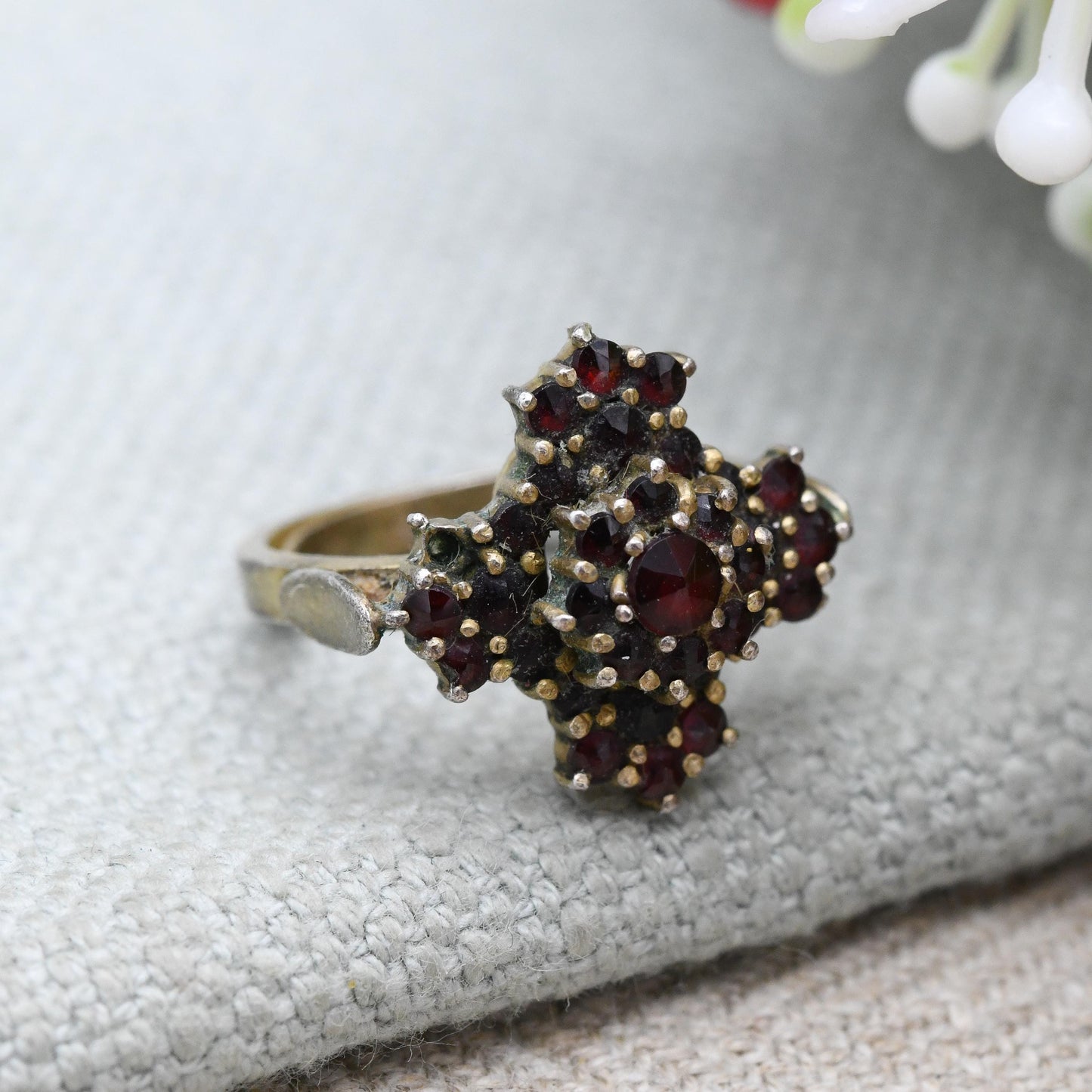 Antique Bohemian Garnet Cluster Ring Sterling Silver Gilt c. 1900 Adjustable Size UK - H | US - 4
