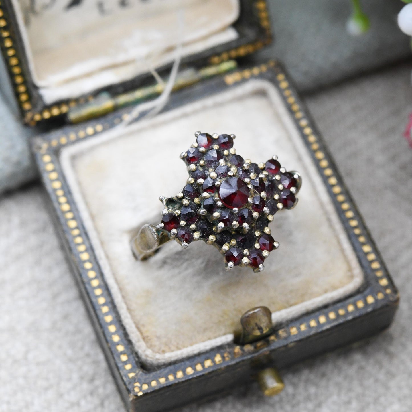 Antique Bohemian Garnet Cluster Ring Sterling Silver Gilt c. 1900 Adjustable Size UK - H | US - 4