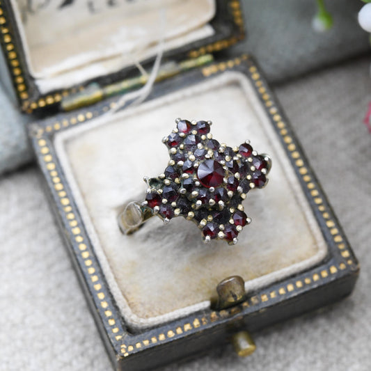 Antique Bohemian Garnet Cluster Ring Sterling Silver Gilt c. 1900 Adjustable Size UK - H | US - 4