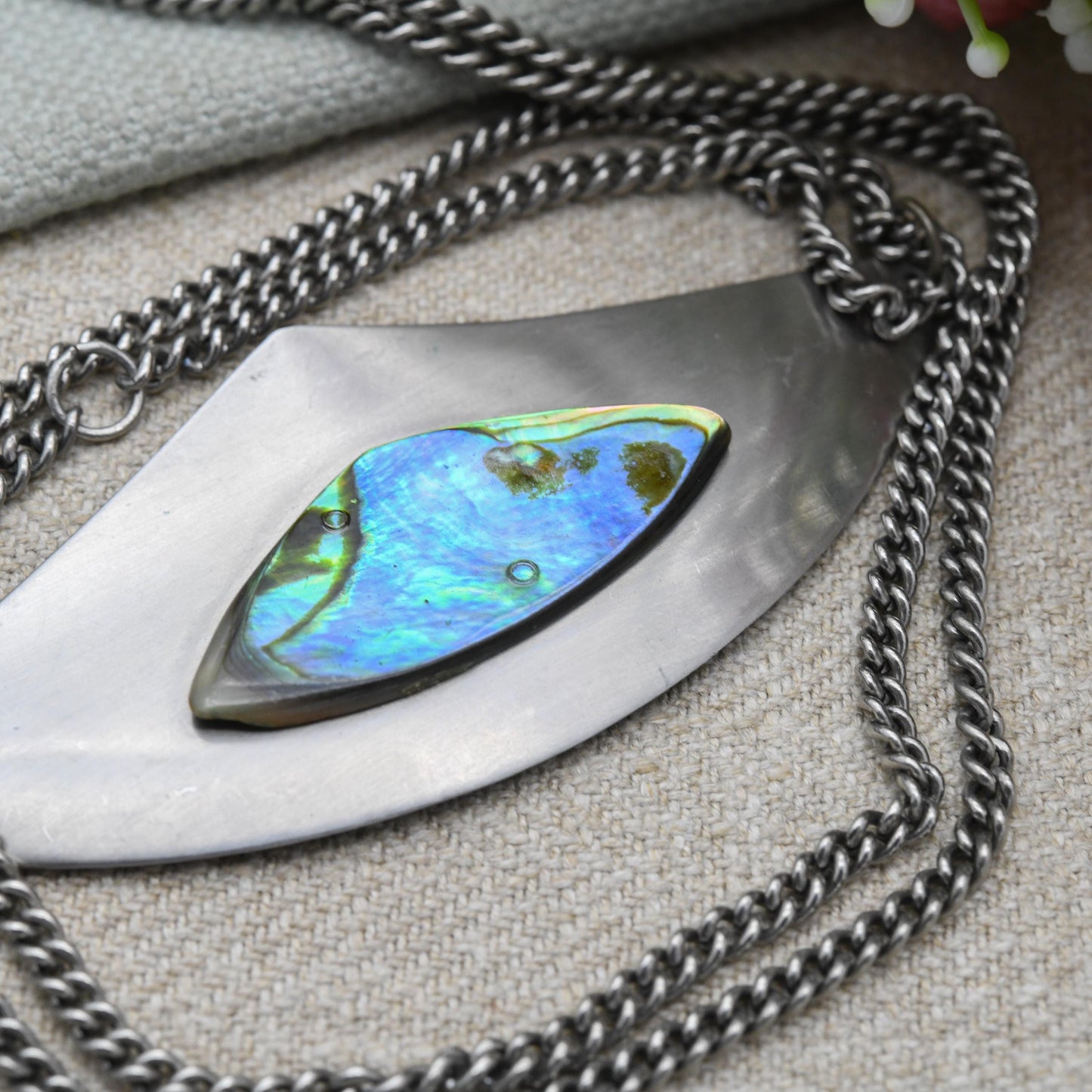 Vintage Modernist Abalone Shell Pendant Necklace by Peak - Stainless Steel Made in England