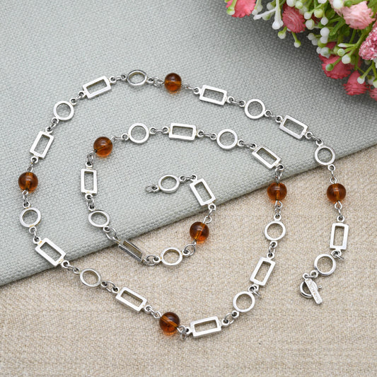 Vintage Corocraft Silver Tone Amber Glass Necklace | Long 24" - Mid-Century Signed Branded Costume Jewellery