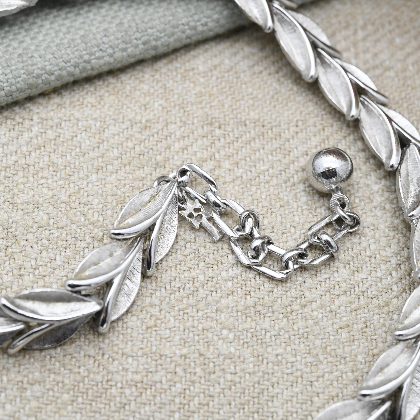 Vintage Trifari Laurel Leaf Choker Necklace Brushed Silver Tone - Mid-Century Designer Jewellery