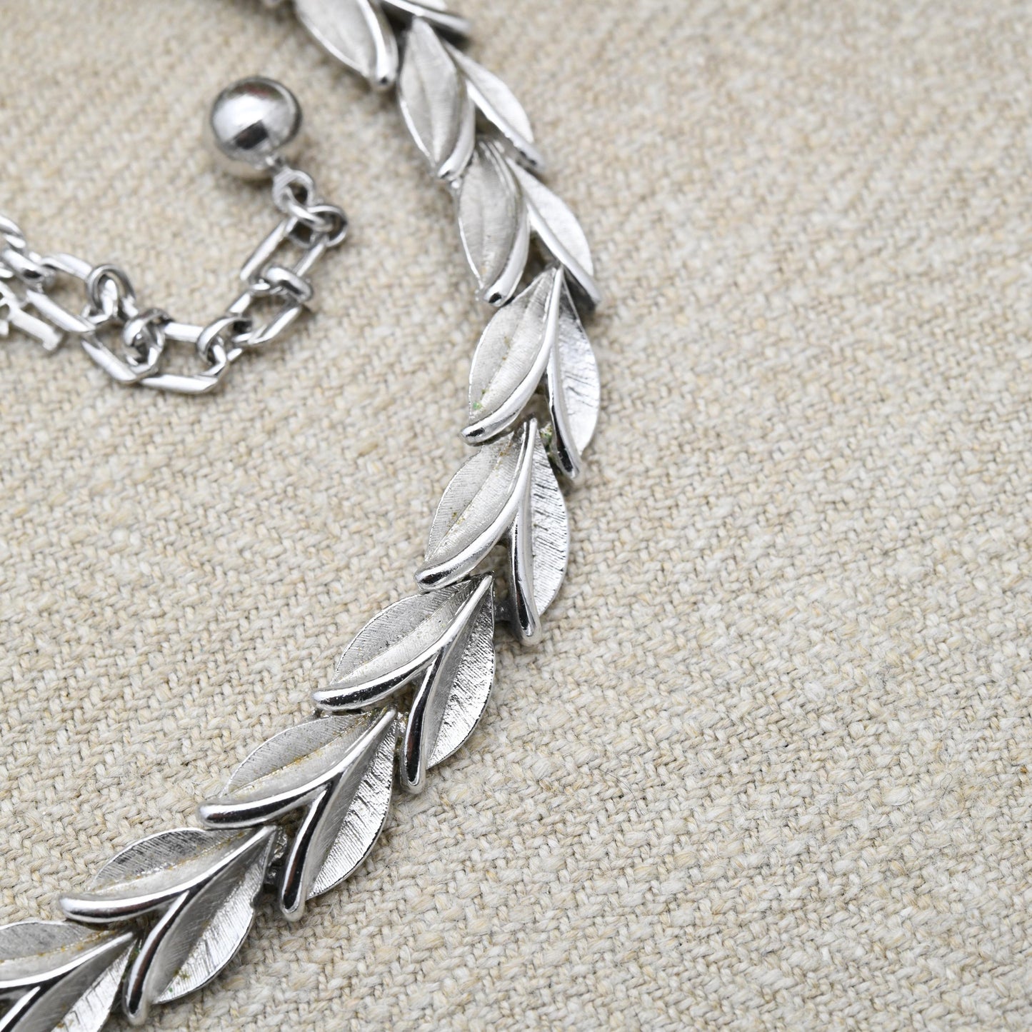 Vintage Trifari Laurel Leaf Choker Necklace Brushed Silver Tone - Mid-Century Designer Jewellery