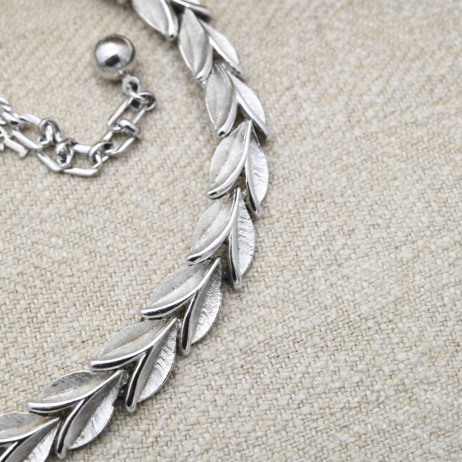 Vintage Trifari Laurel Leaf Choker Necklace Brushed Silver Tone - Mid-Century Designer Jewellery