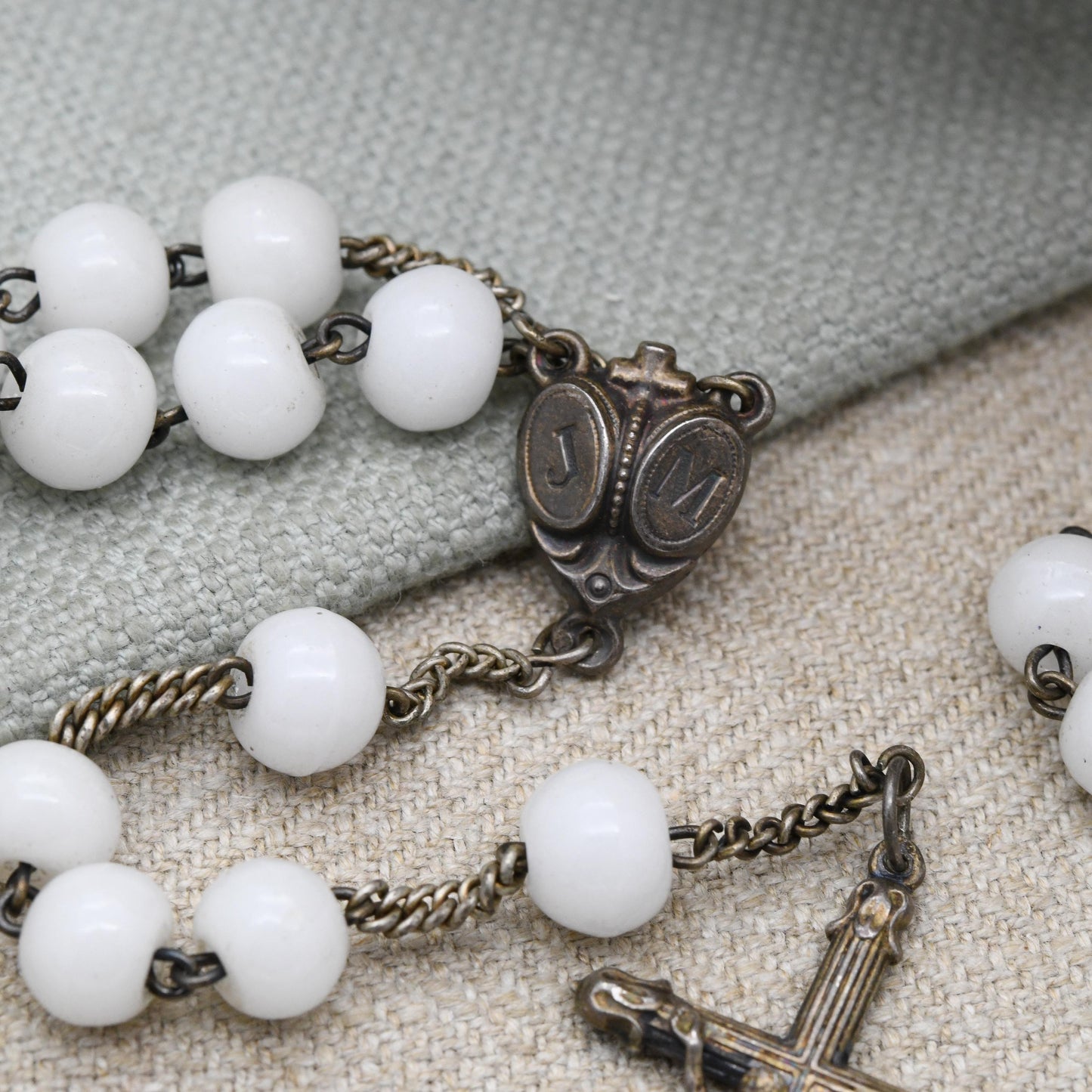 Vintage French Silver Rosary with White Glass Beads and Crucifix - JM Jesus and Mary Icon