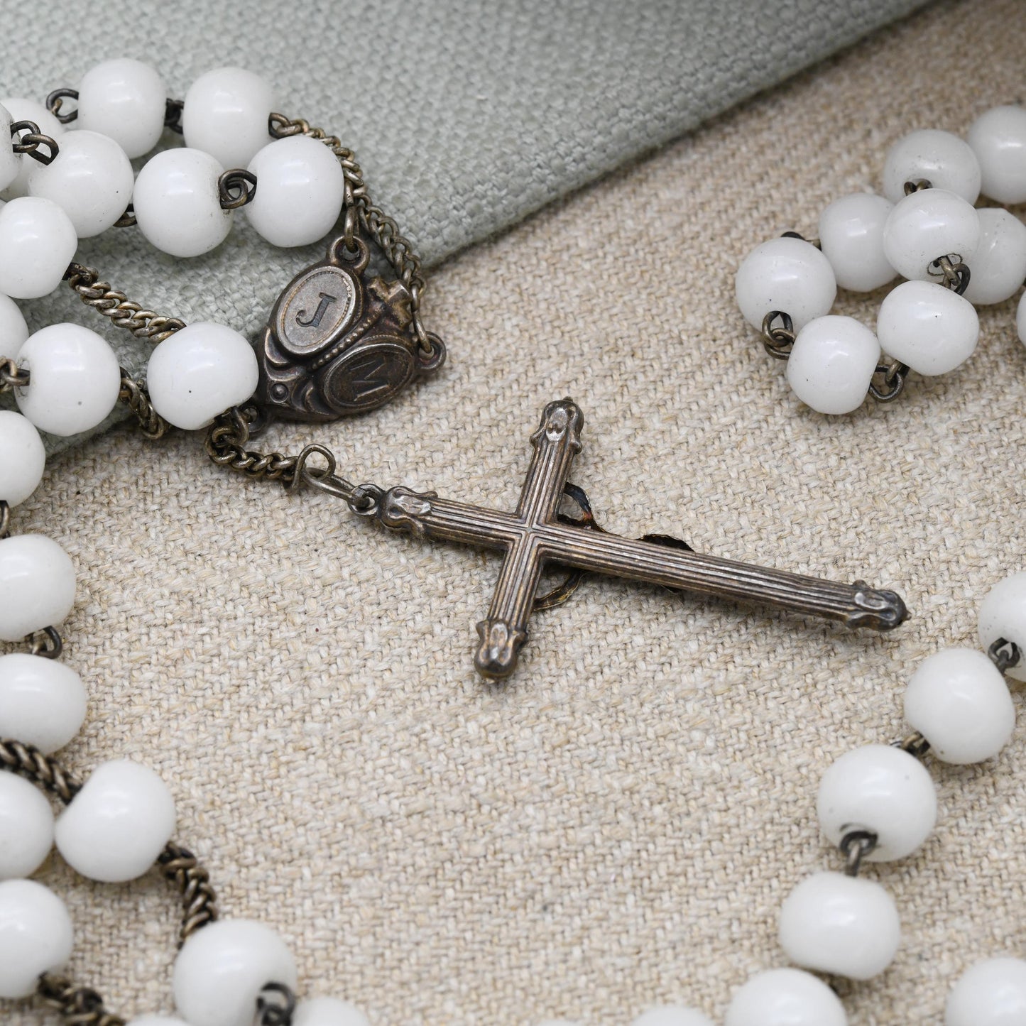 Vintage French Silver Rosary with White Glass Beads and Crucifix - JM Jesus and Mary Icon