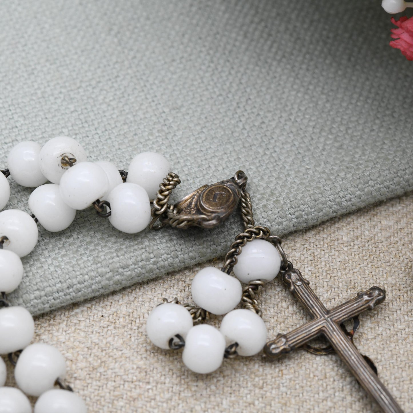 Vintage French Silver Rosary with White Glass Beads and Crucifix - JM Jesus and Mary Icon