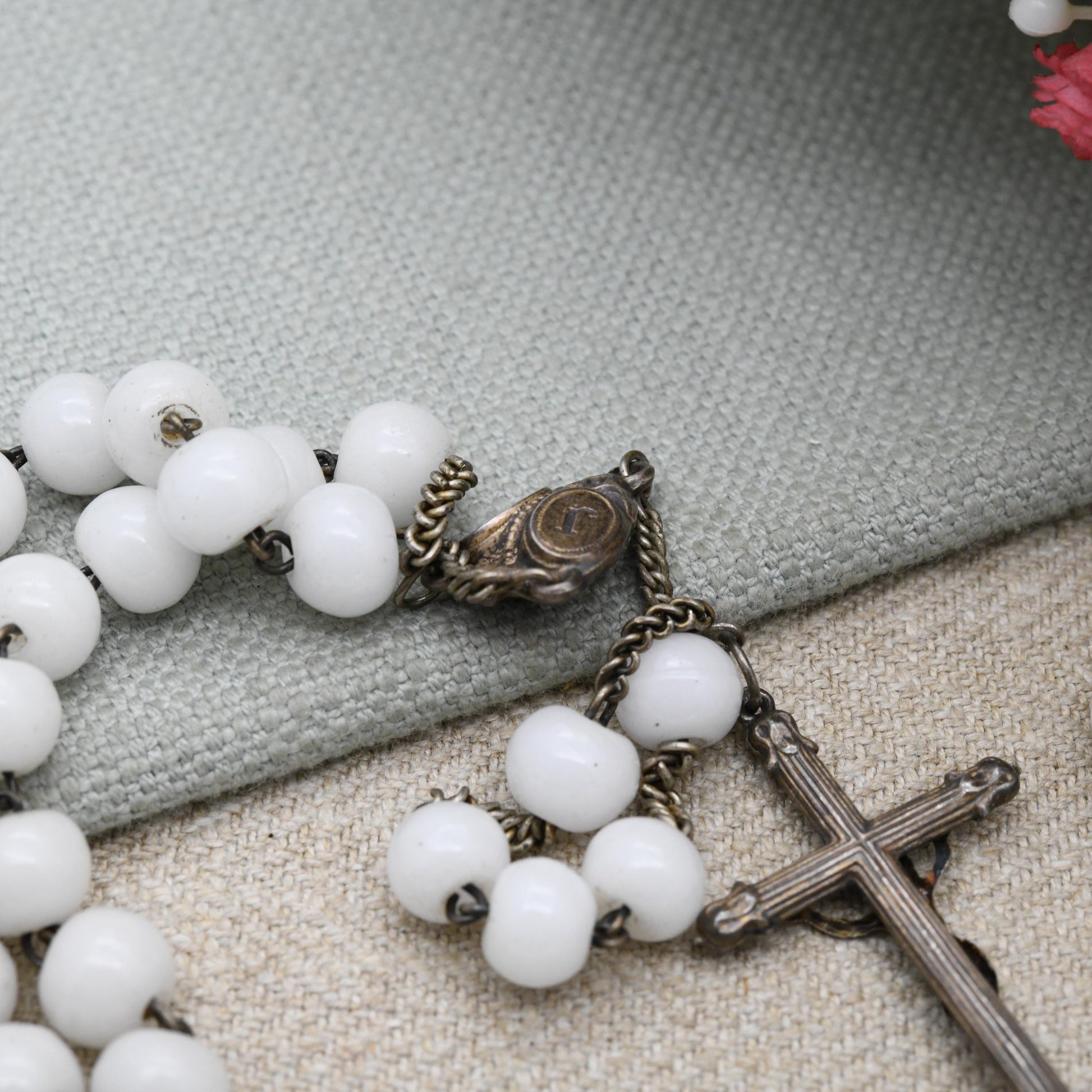 Vintage French Silver Rosary with White Glass Beads and Crucifix - JM Jesus and Mary Icon