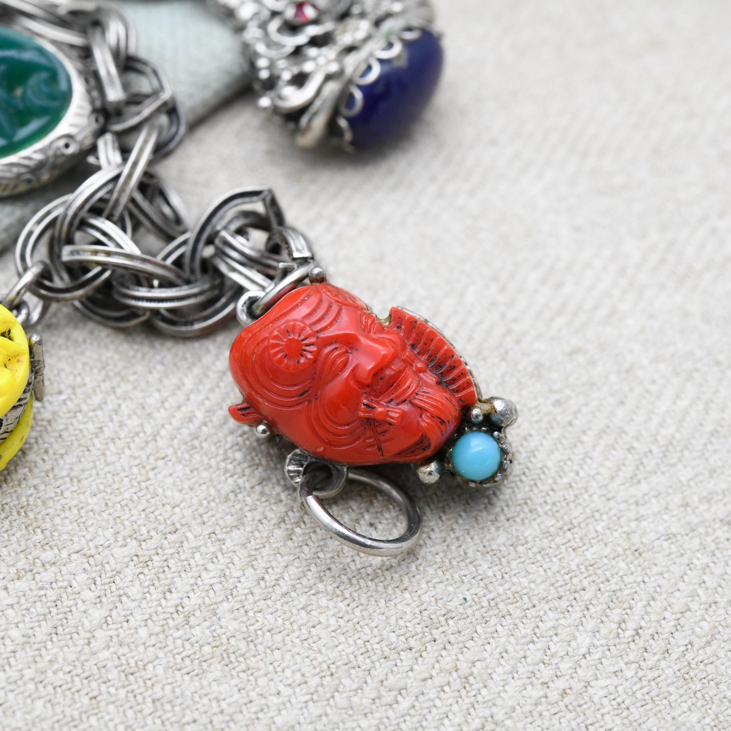 Vintage Selro Selini Charm Necklace with Brightly Coloured Early Plastic c. 1950s - Devil Face Old Man Watch Fob | Unsigned Designer
