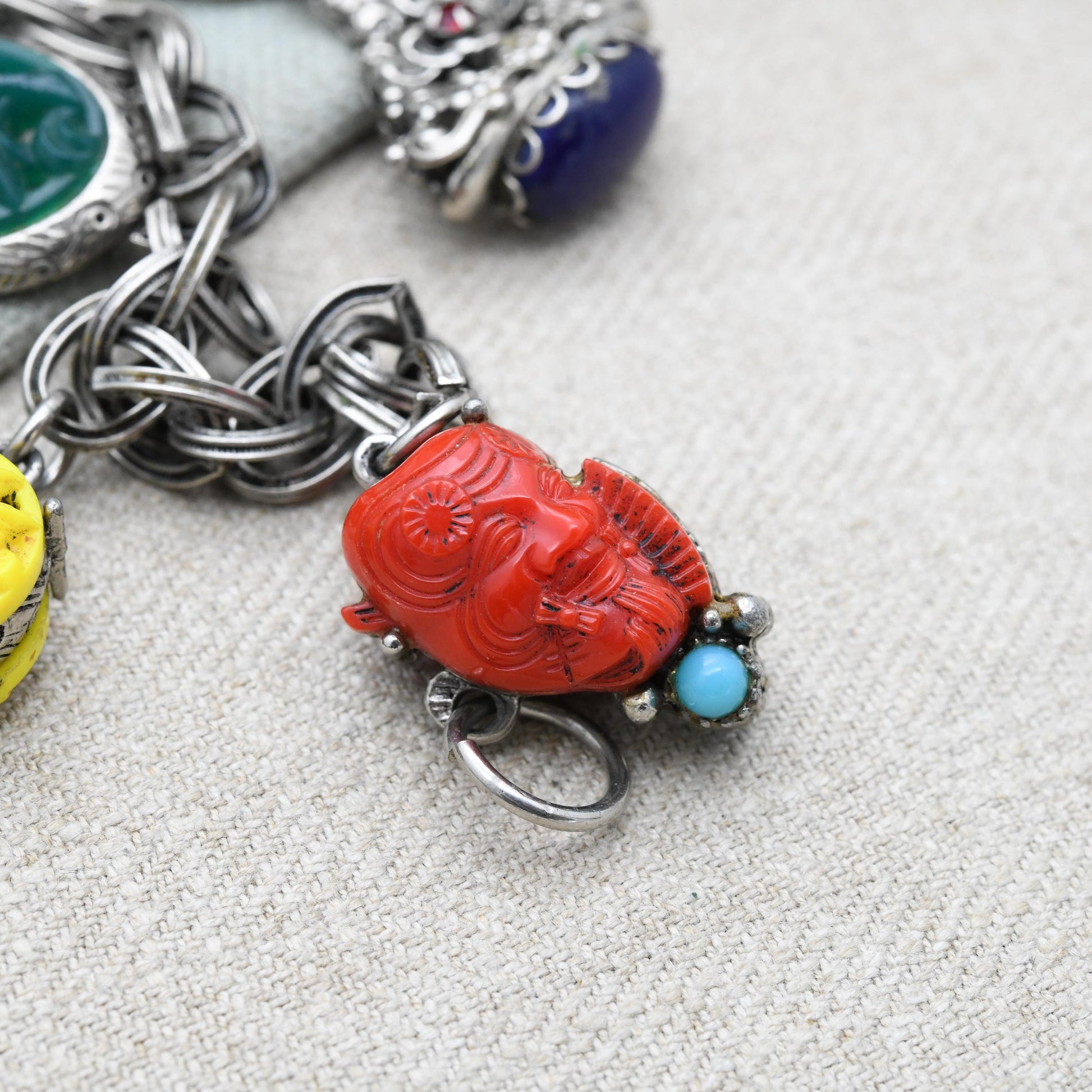Vintage Selro Selini Charm Necklace with Brightly Coloured Early Plastic c. 1950s - Devil Face Old Man Watch Fob | Unsigned Designer