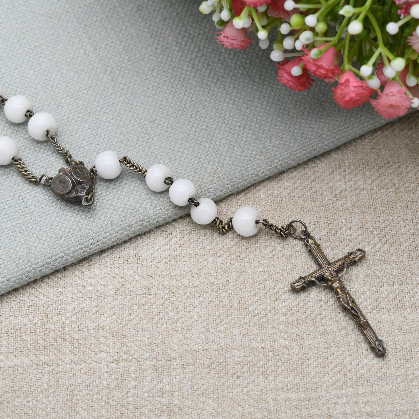 Vintage French Silver Rosary with White Glass Beads and Crucifix - JM Jesus and Mary Icon