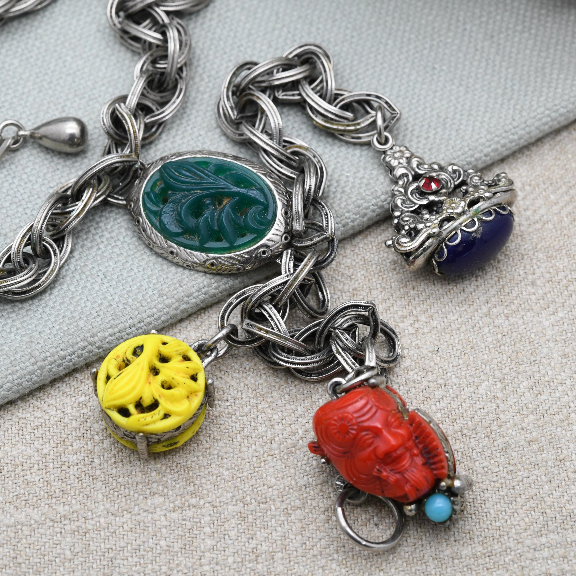 Vintage Selro Selini Charm Necklace with Brightly Coloured Early Plastic c. 1950s - Devil Face Old Man Watch Fob | Unsigned Designer