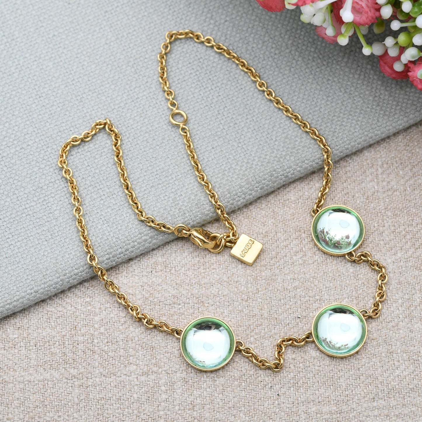 Lalique Teal Cabochon Necklace - Signed Designer High Quality Gold Tone Costume Jewellery