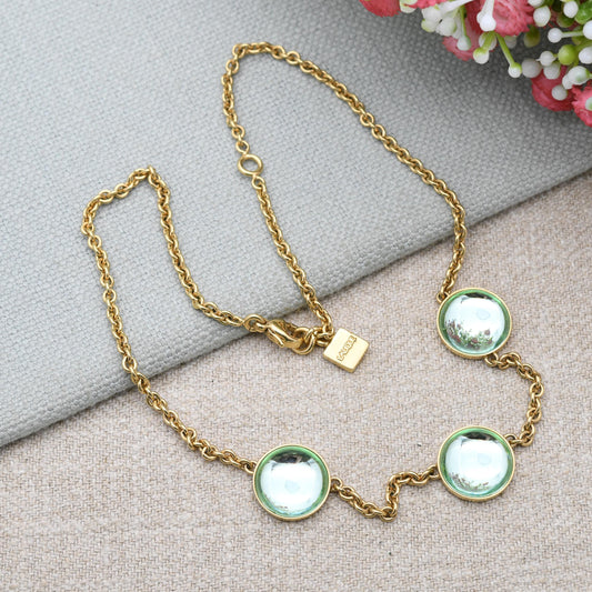 Lalique Teal Cabochon Necklace - Signed Designer High Quality Gold Tone Costume Jewellery