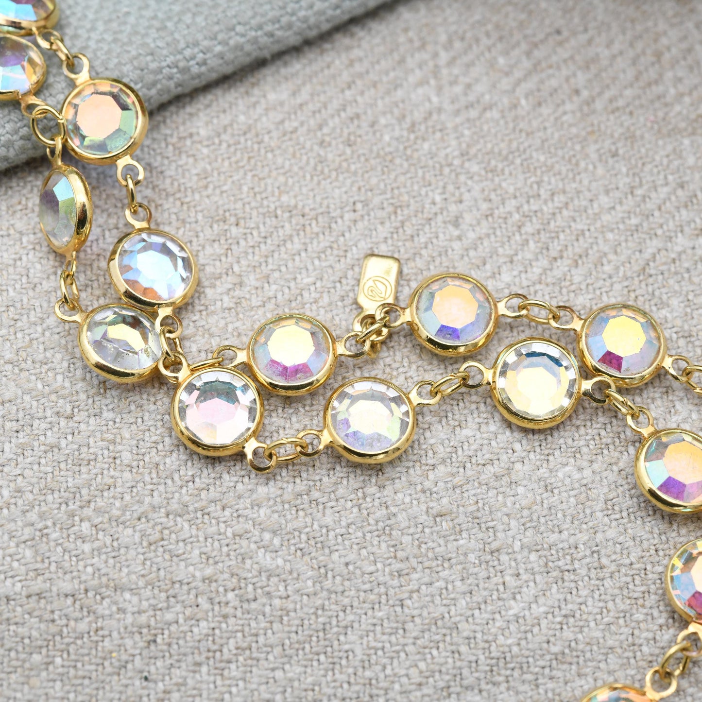 Vintage Swarovski Aurora Borealis Crystal Bezel Necklace - Gold Tone Faceted Crystals | Signed Designer Costume Jewellery | Long Length 36"