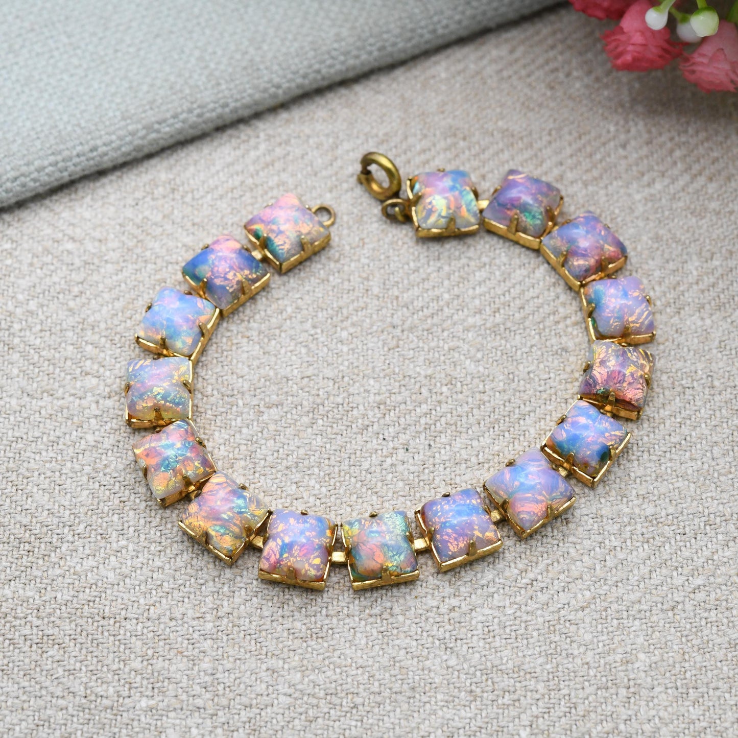 Vintage Foiled Glass Panel Bracelet c. 1950s - Opalescent Imitation Opal Stones