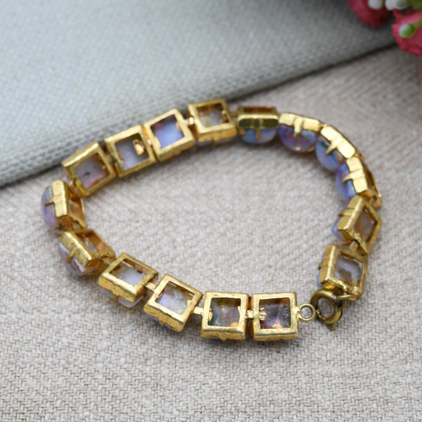 Vintage Foiled Glass Panel Bracelet c. 1950s - Opalescent Imitation Opal Stones
