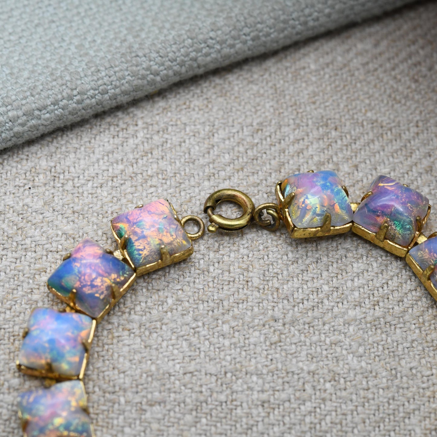 Vintage Foiled Glass Panel Bracelet c. 1950s - Opalescent Imitation Opal Stones