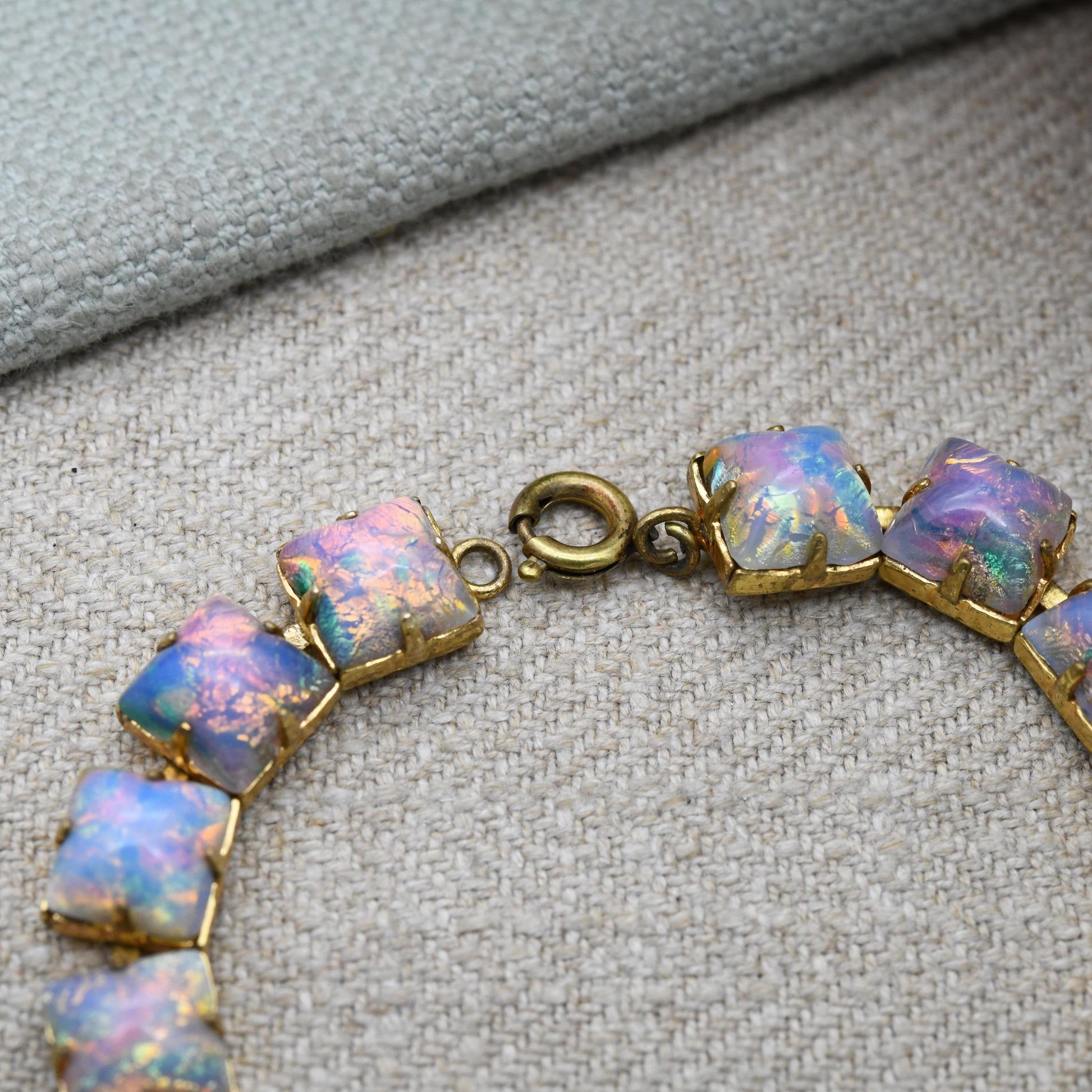 Vintage Foiled Glass Panel Bracelet c. 1950s - Opalescent Imitation Opal Stones