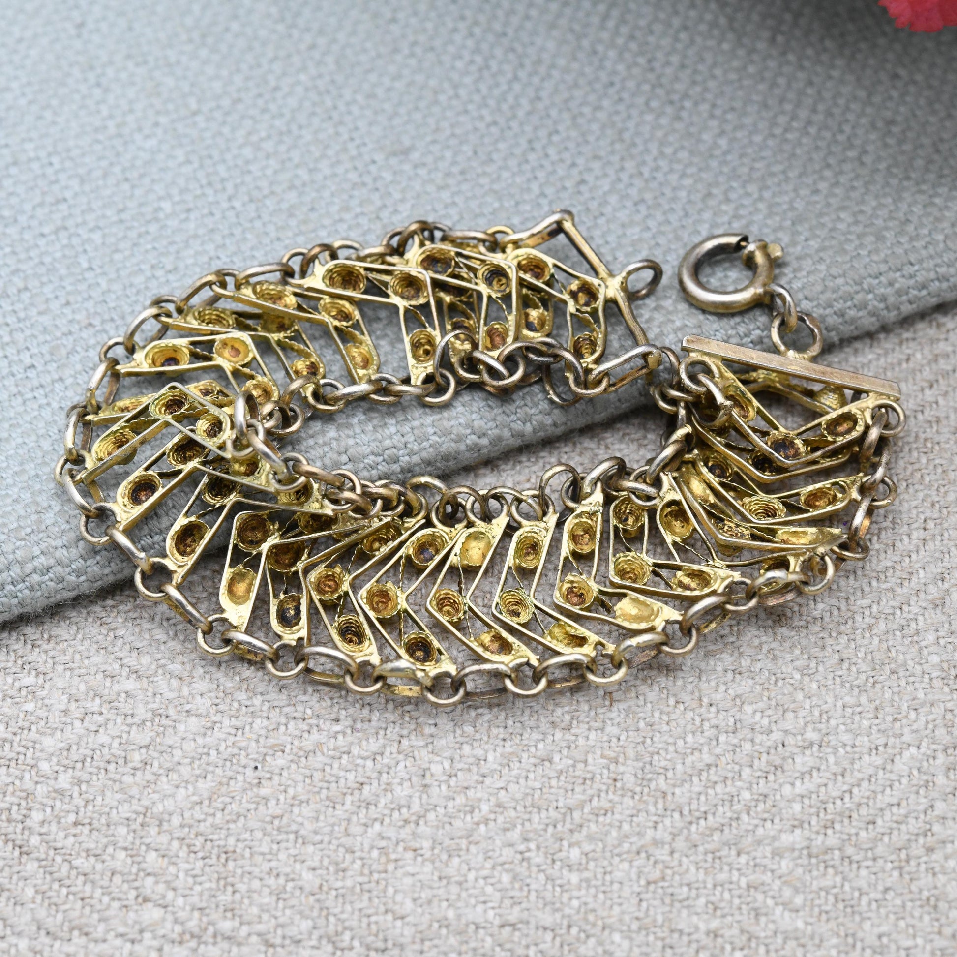 Vintage Portuguese Silver Gilt Filigree Chevron Bracelet Gold Plated | 7.5"
